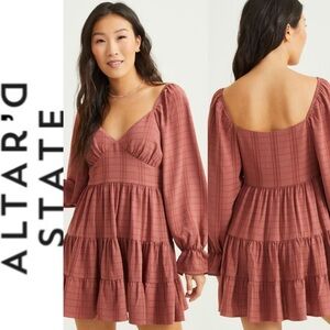 NWOT Altar'd State Natalie Plaid Tiered Dress brick mini dress
